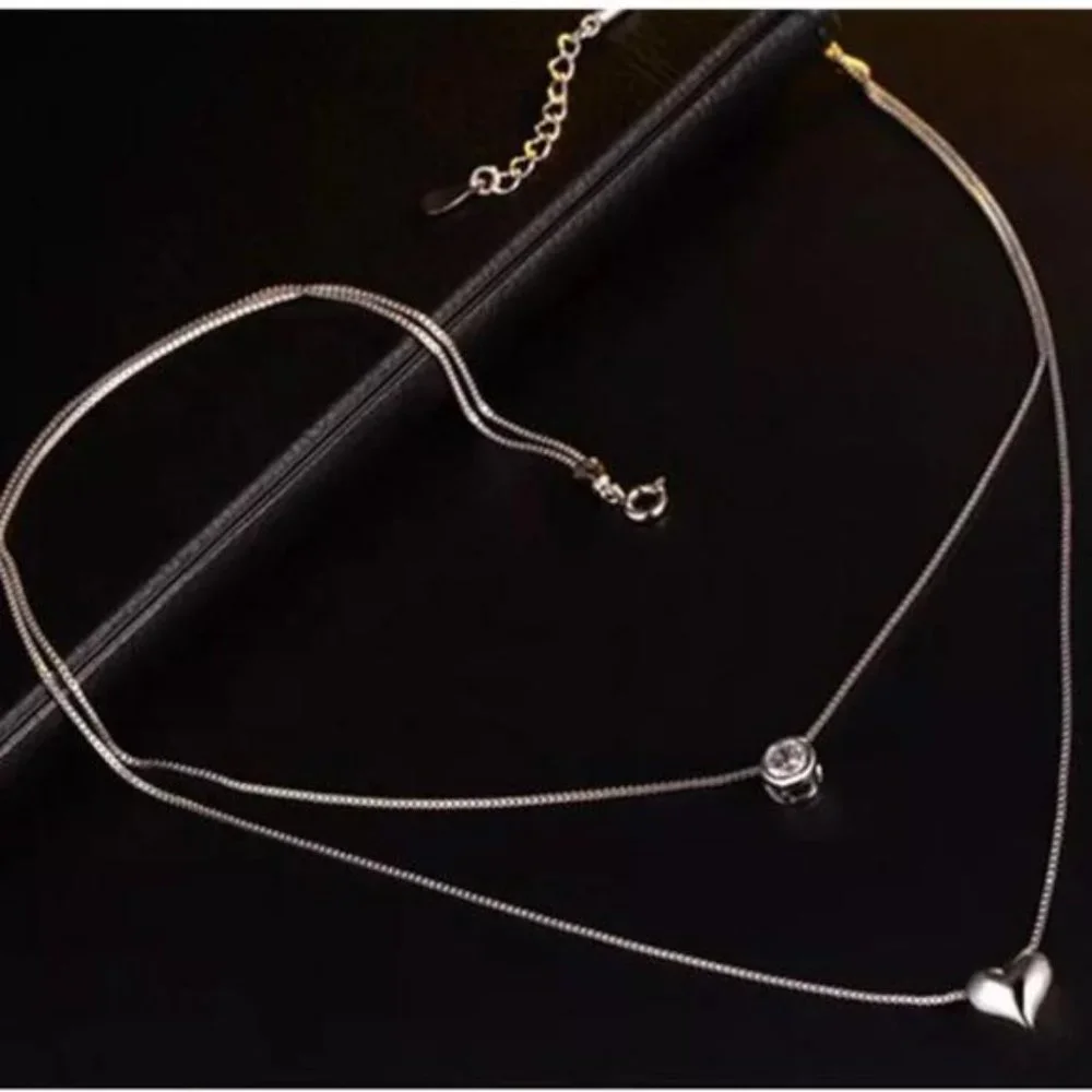 925 STERLING SILVER DOUBLE LAYER HEART NECKLACE - Picture 3 of 8